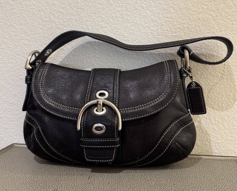 Coach F10909 Vintage Small Soho Black Leather Shoulder Bag w/Contrast Stitching